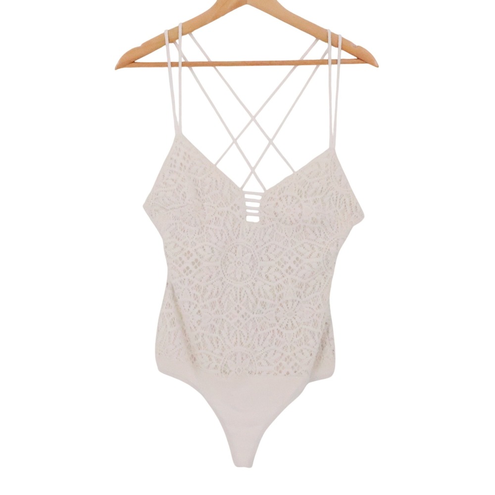Bershka Lace Body Suit  Womens Size M White Strappy Y2K Layering Festival  Boho